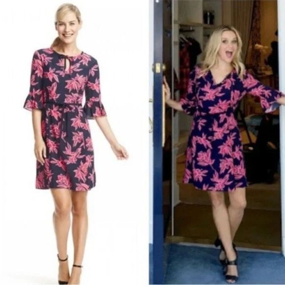 Draper James Women's 8 Flared Elbow Sleeve Shift Dress Navy Pink Preppy Coastal